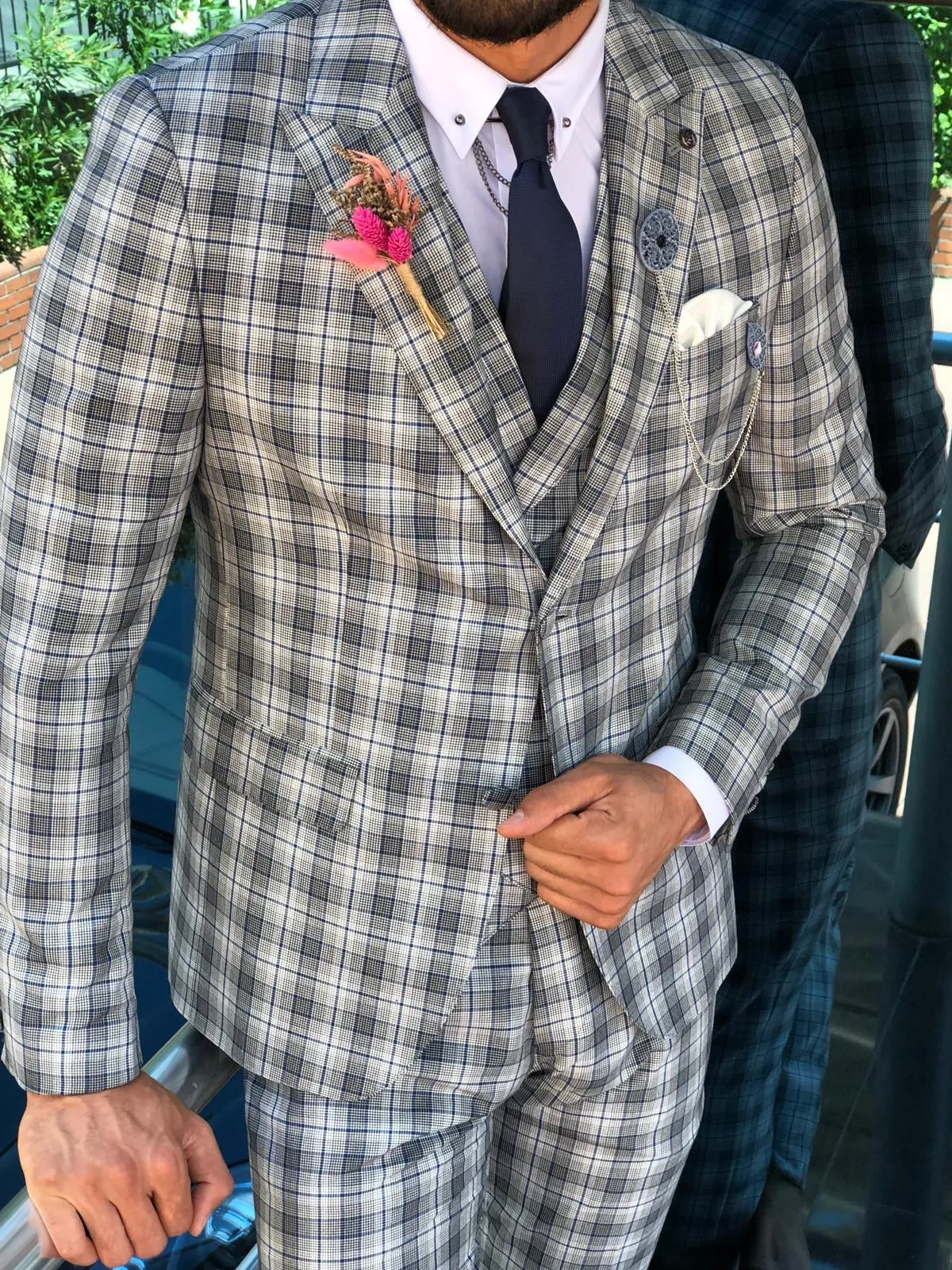 Andriano Slim-Fit Plaid Suit in Gray