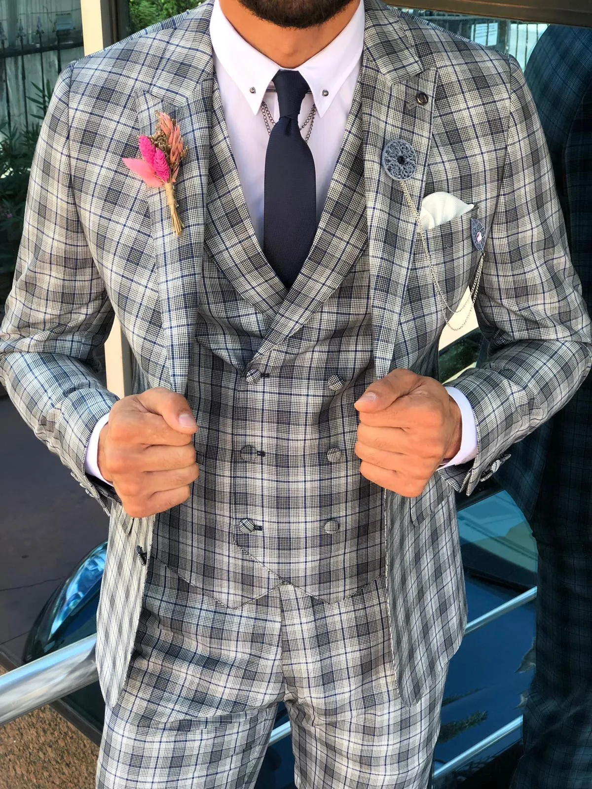 Andriano Slim-Fit Plaid Suit in Gray