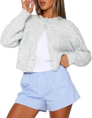 Argeousgor Women Y2k Crop Cardigan Sweater Knit Solid Color Crew Neck Button Down Long Sleeve Tops Fall Knitwear Streetwear