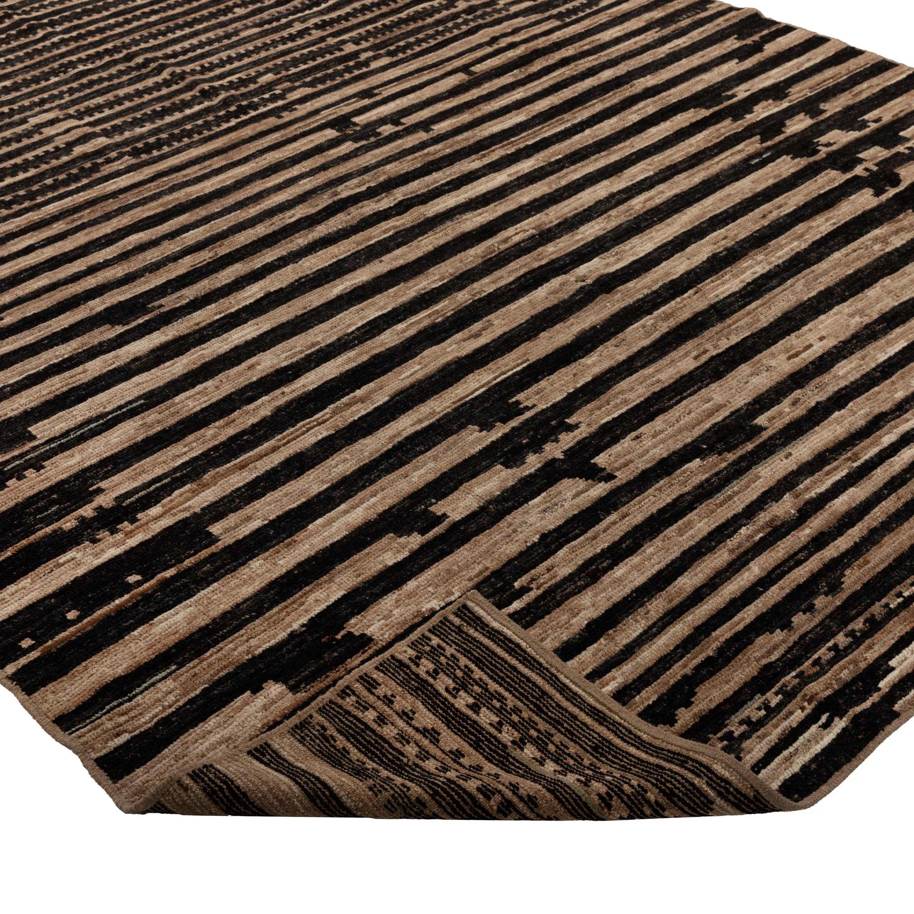 Black and Brown Striped Zameen Modern Wool Rug - 7'9" x 9'8"