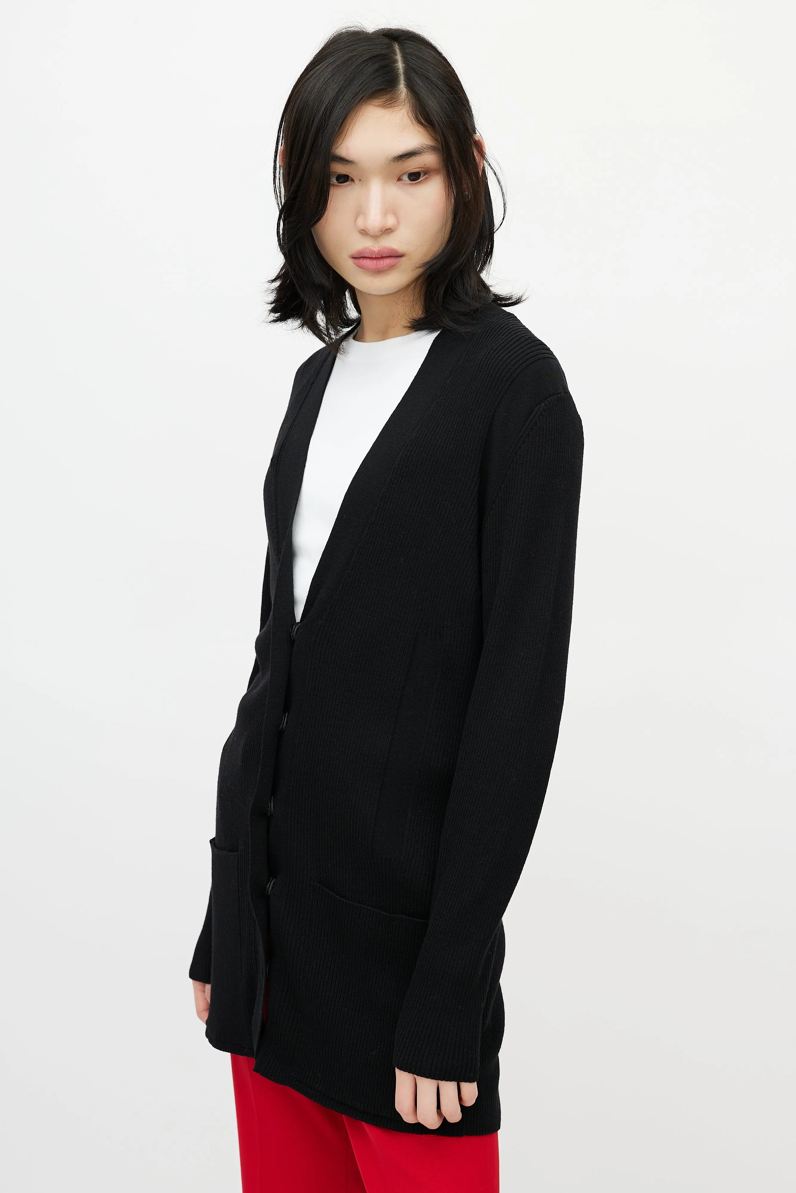 Black Ribbed Knit Strap Cardigan