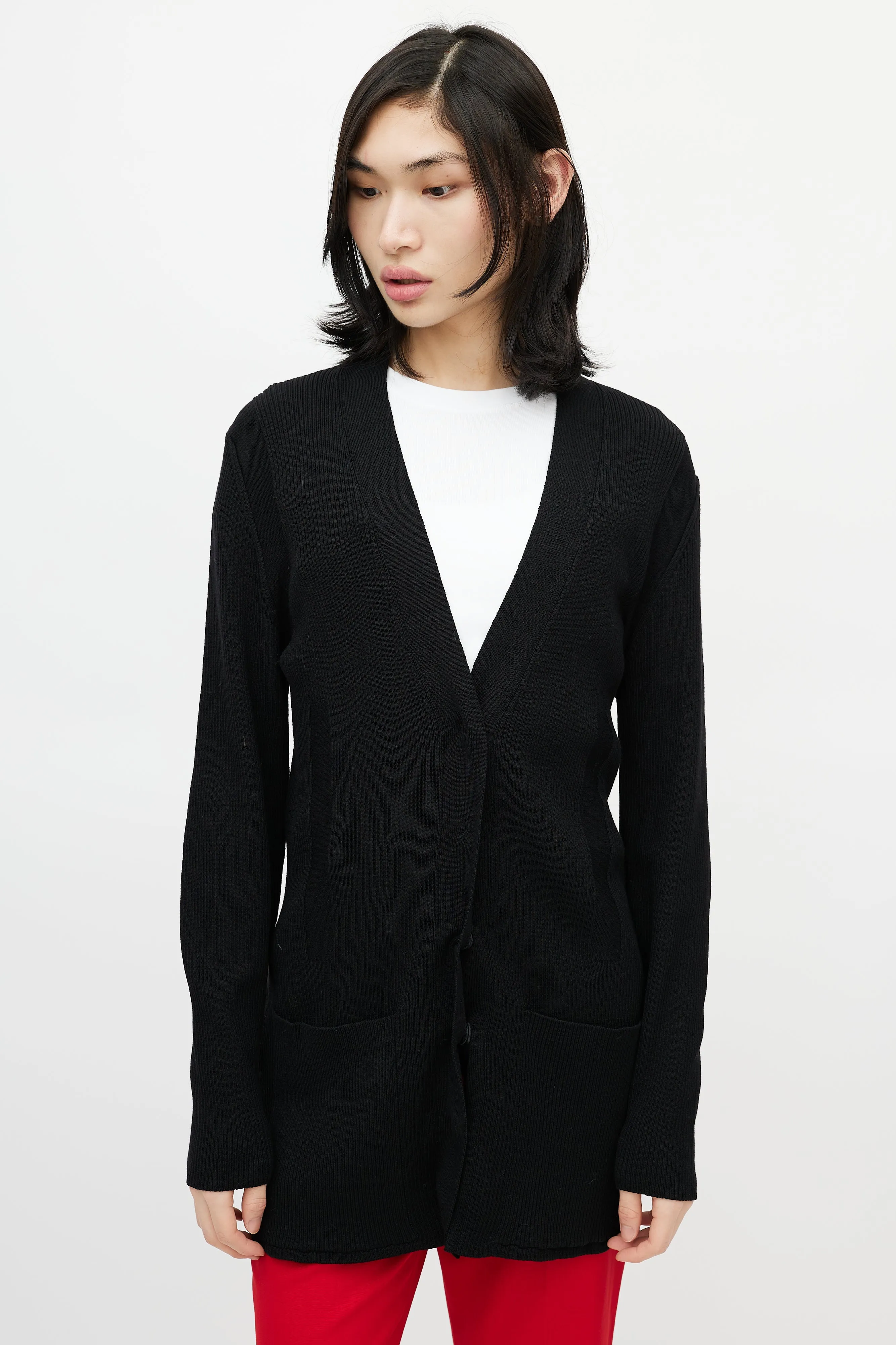 Black Ribbed Knit Strap Cardigan