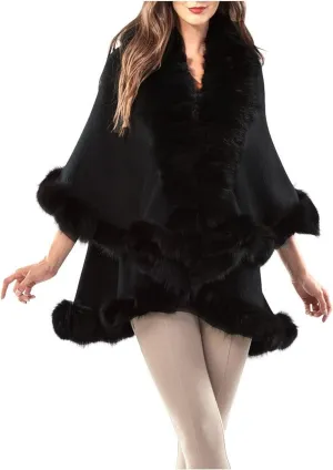 Cape-Faux Fur-Fur-ruana-coat-blanket-Caplet-Wrap-Shrug-Sweater-Poncho-dress shawl (Wool blend cape with faux fur trim - Ebony Black)