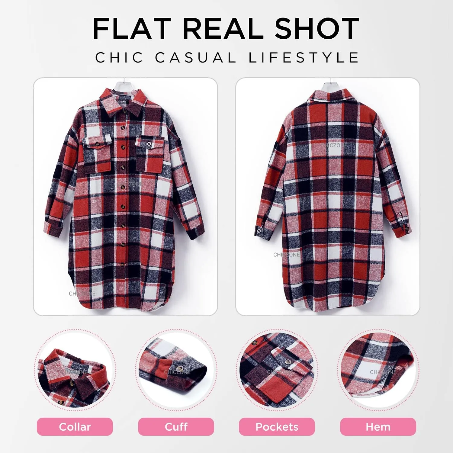 CHICZONE Womens Plaid Shacket Jacket Long Corduroy Shirt Casual Lapel Button Down Flannel Trench Coats