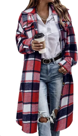 CHICZONE Womens Plaid Shacket Jacket Long Corduroy Shirt Casual Lapel Button Down Flannel Trench Coats