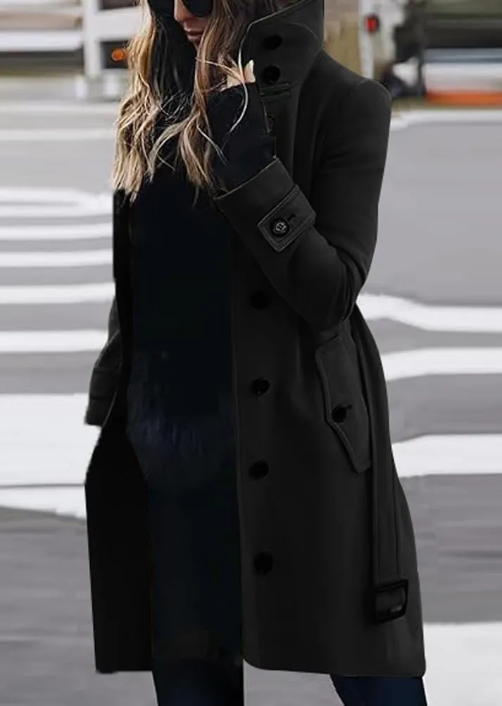 chouyatou Women's Single Breasted Stand Collar Wool Coat Business Casual Midi Long Winter Pea Coat