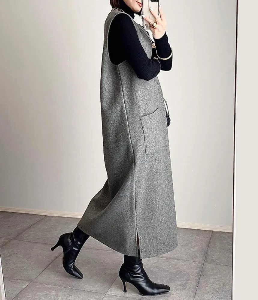 chouyatou Women's V Neck Wool Blend Long Vest Jacket Sleeveless Maxi Wool Vest Dress with Pockets