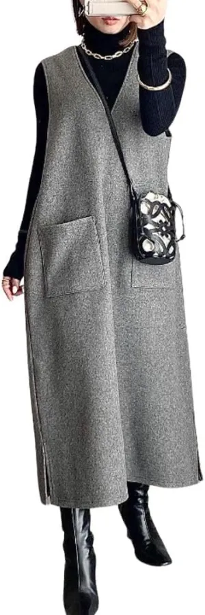 chouyatou Women's V Neck Wool Blend Long Vest Jacket Sleeveless Maxi Wool Vest Dress with Pockets