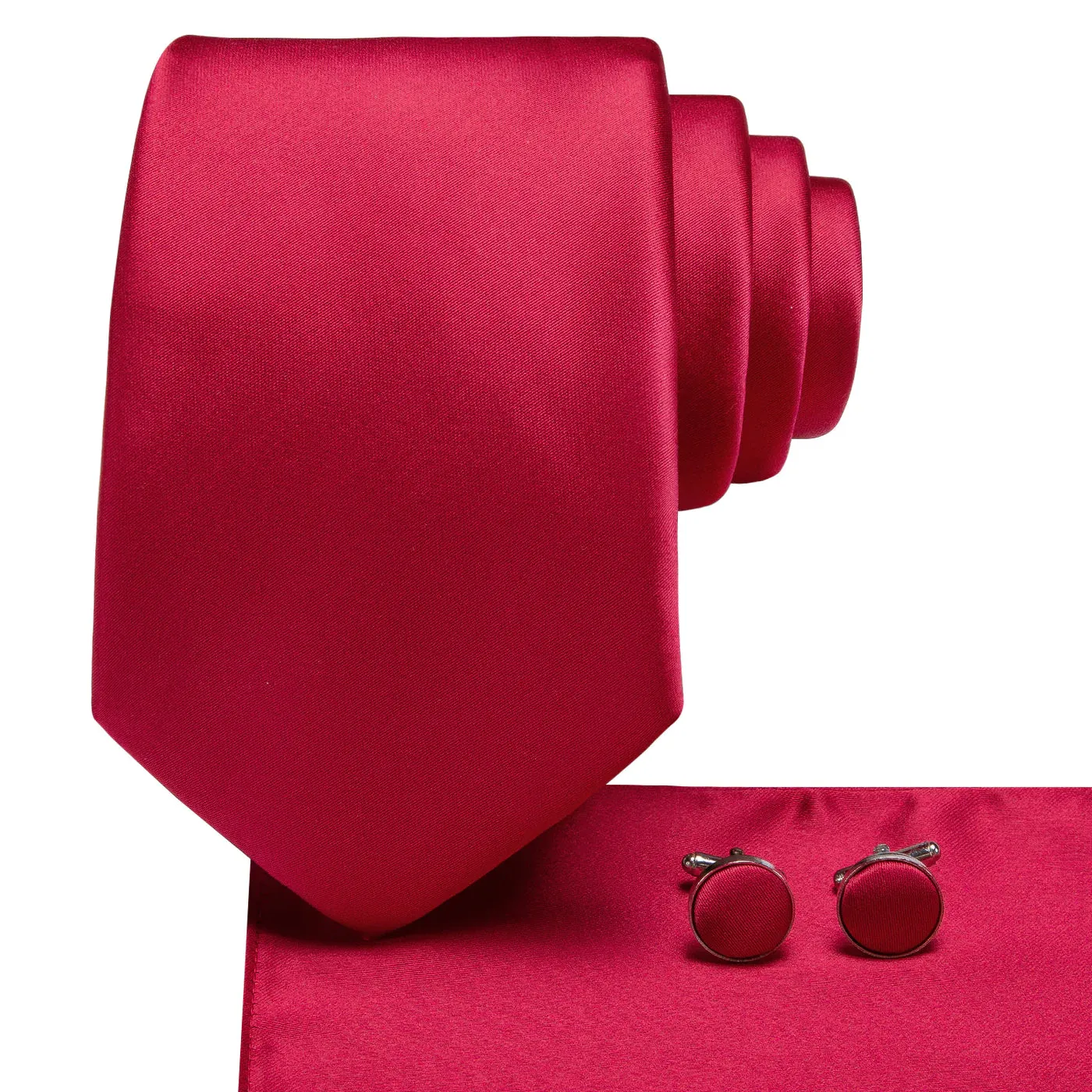 Classic Solid Red Silk Necktie Pocket Square Cufflinks Set