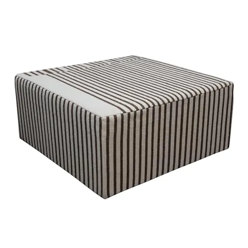 Creative Co-Op Wood and Wool Kilim Upholstered Coffee Ottoman Table, Striped Cream & Brown