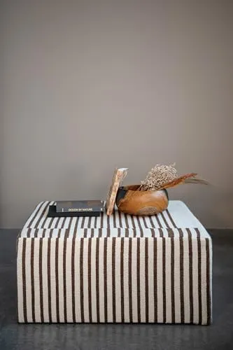 Creative Co-Op Wood and Wool Kilim Upholstered Coffee Ottoman Table, Striped Cream & Brown