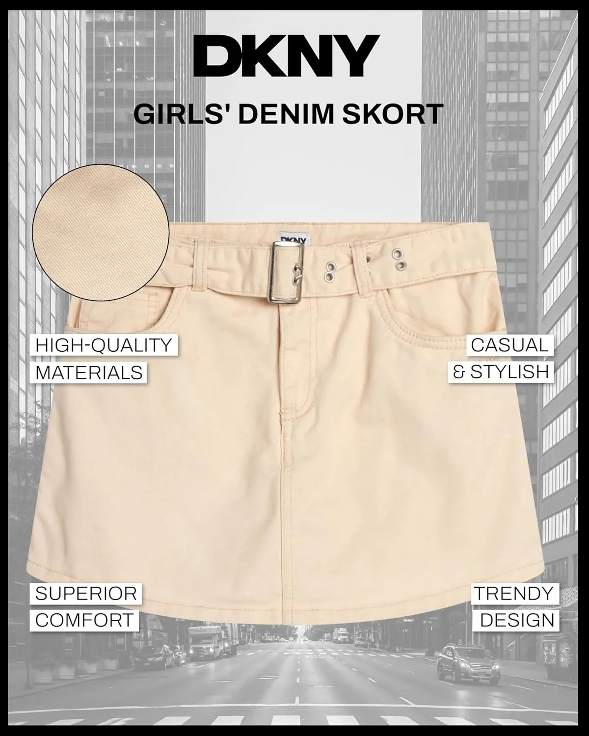 DKNY Girls' Denim Skort - High-Waisted Casual Everyday Mini Skort Skirts for Girls with Pockets (Sizes: 7-16)