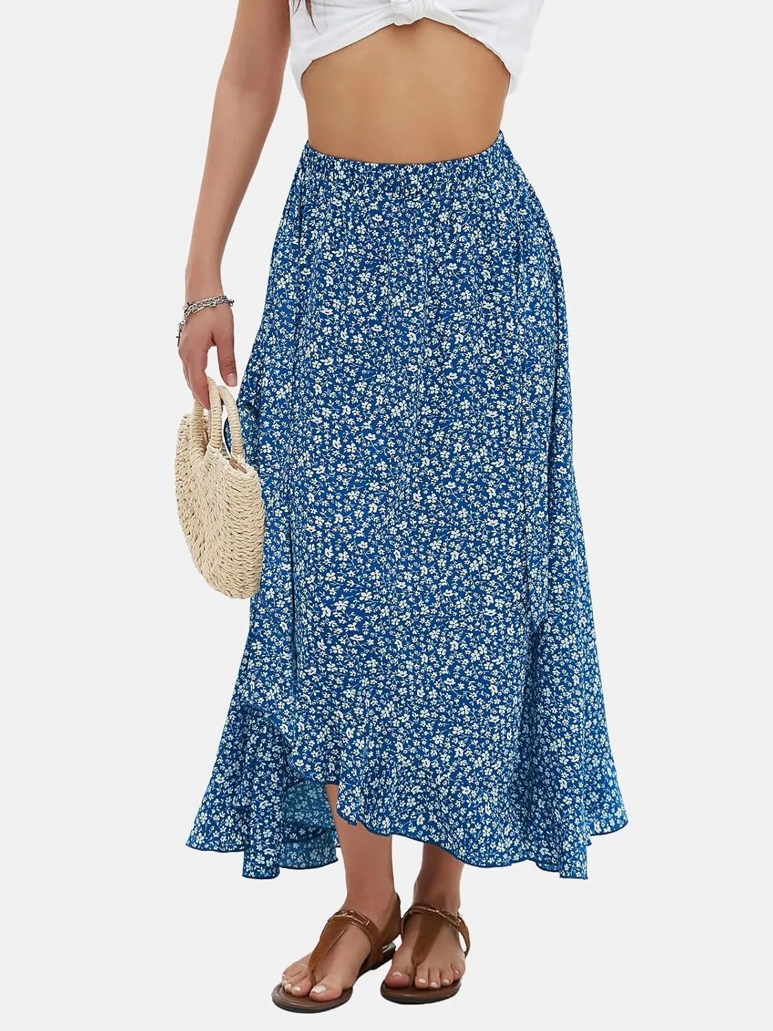EXLURA Womens Floral Print High Waisted Wrap Long Maxi Skirts Ruffle Hem Self Tie Knot Summer Chiffon Midi Skirts 2025