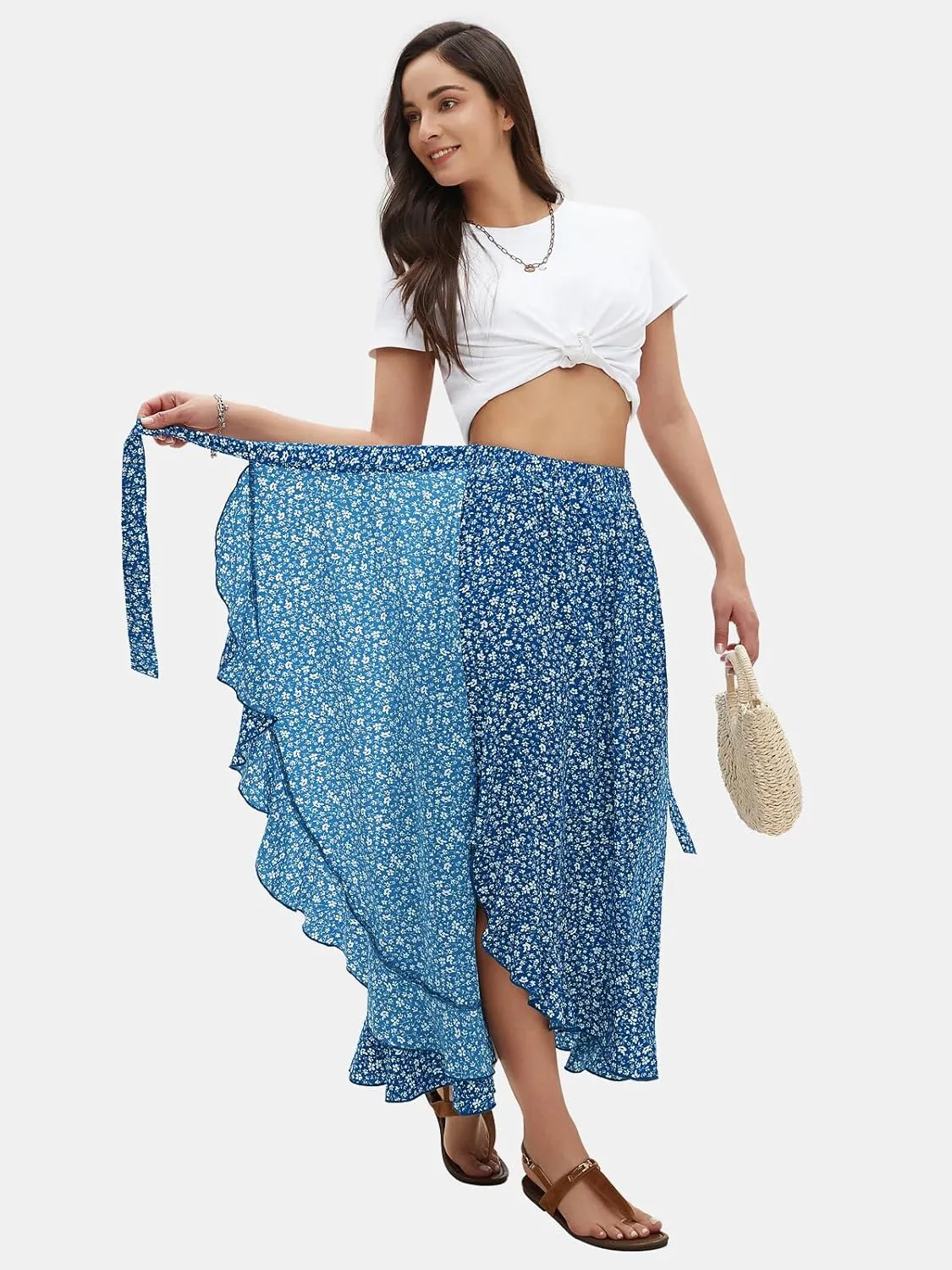 EXLURA Womens Floral Print High Waisted Wrap Long Maxi Skirts Ruffle Hem Self Tie Knot Summer Chiffon Midi Skirts 2025