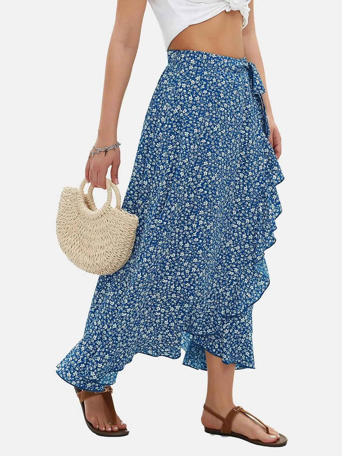 EXLURA Womens Floral Print High Waisted Wrap Long Maxi Skirts Ruffle Hem Self Tie Knot Summer Chiffon Midi Skirts 2025