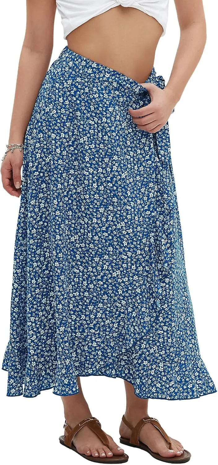 EXLURA Womens Floral Print High Waisted Wrap Long Maxi Skirts Ruffle Hem Self Tie Knot Summer Chiffon Midi Skirts 2025