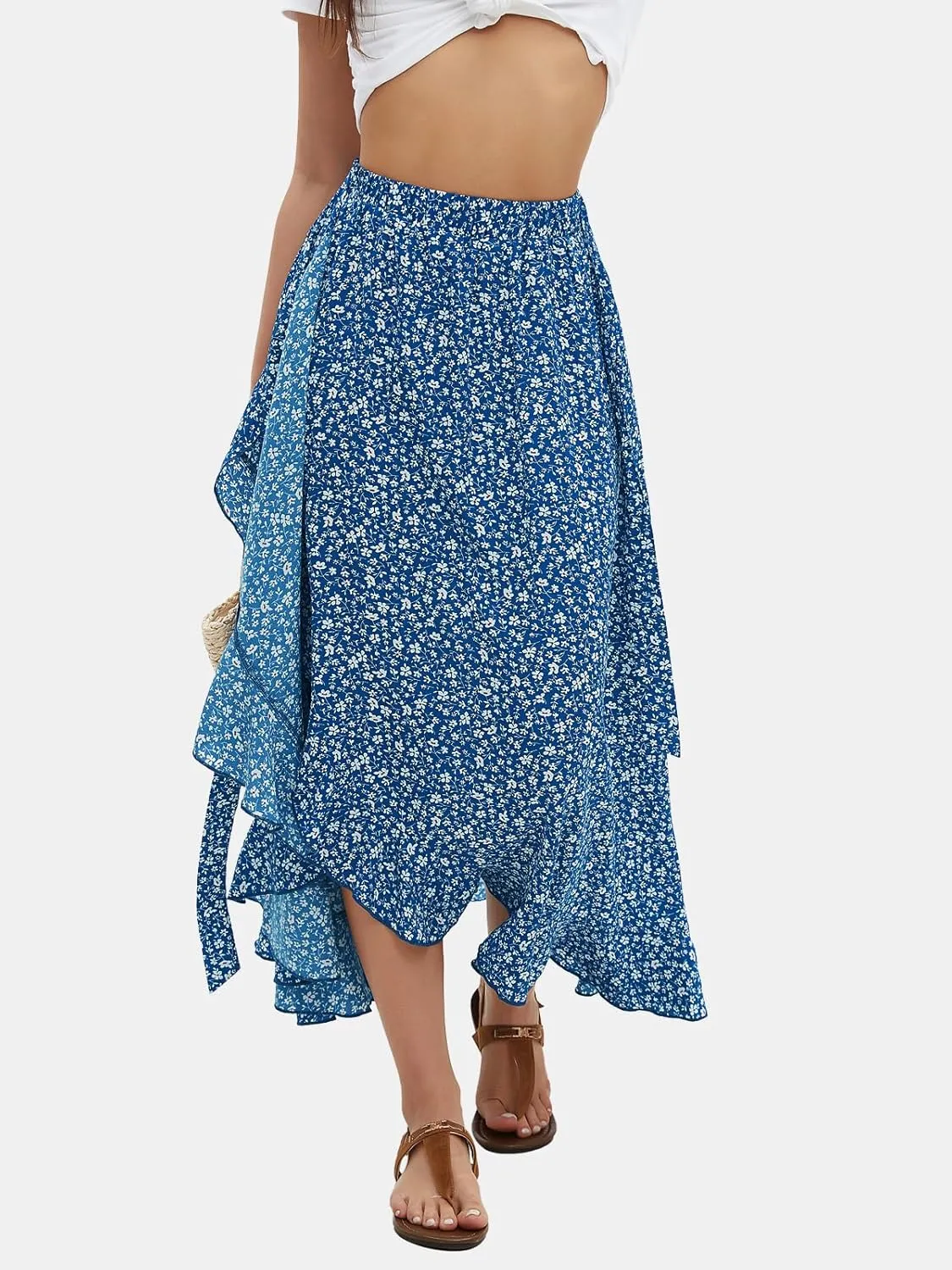 EXLURA Womens Floral Print High Waisted Wrap Long Maxi Skirts Ruffle Hem Self Tie Knot Summer Chiffon Midi Skirts 2025