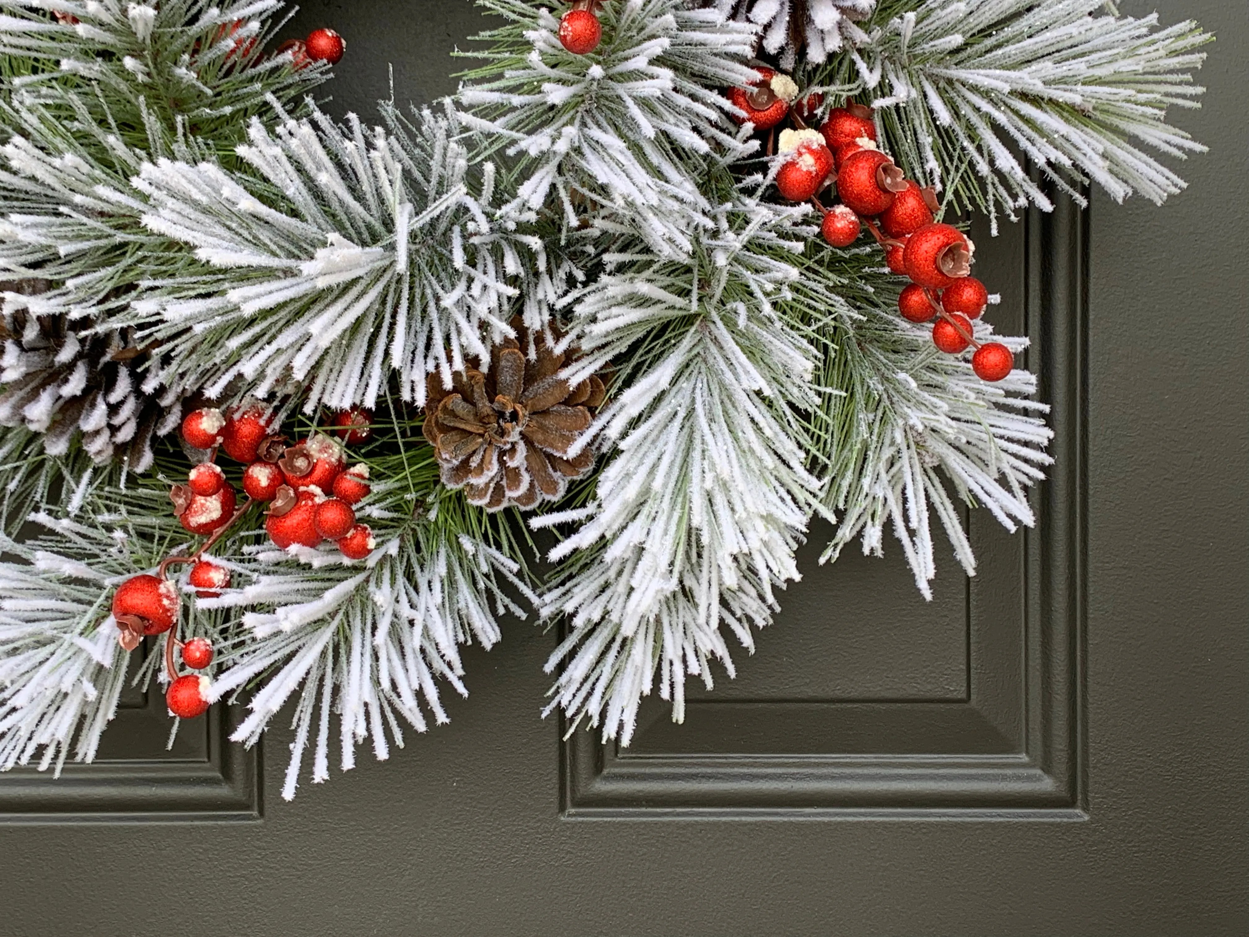Flocked Winter Pine Wreath with Red Berries