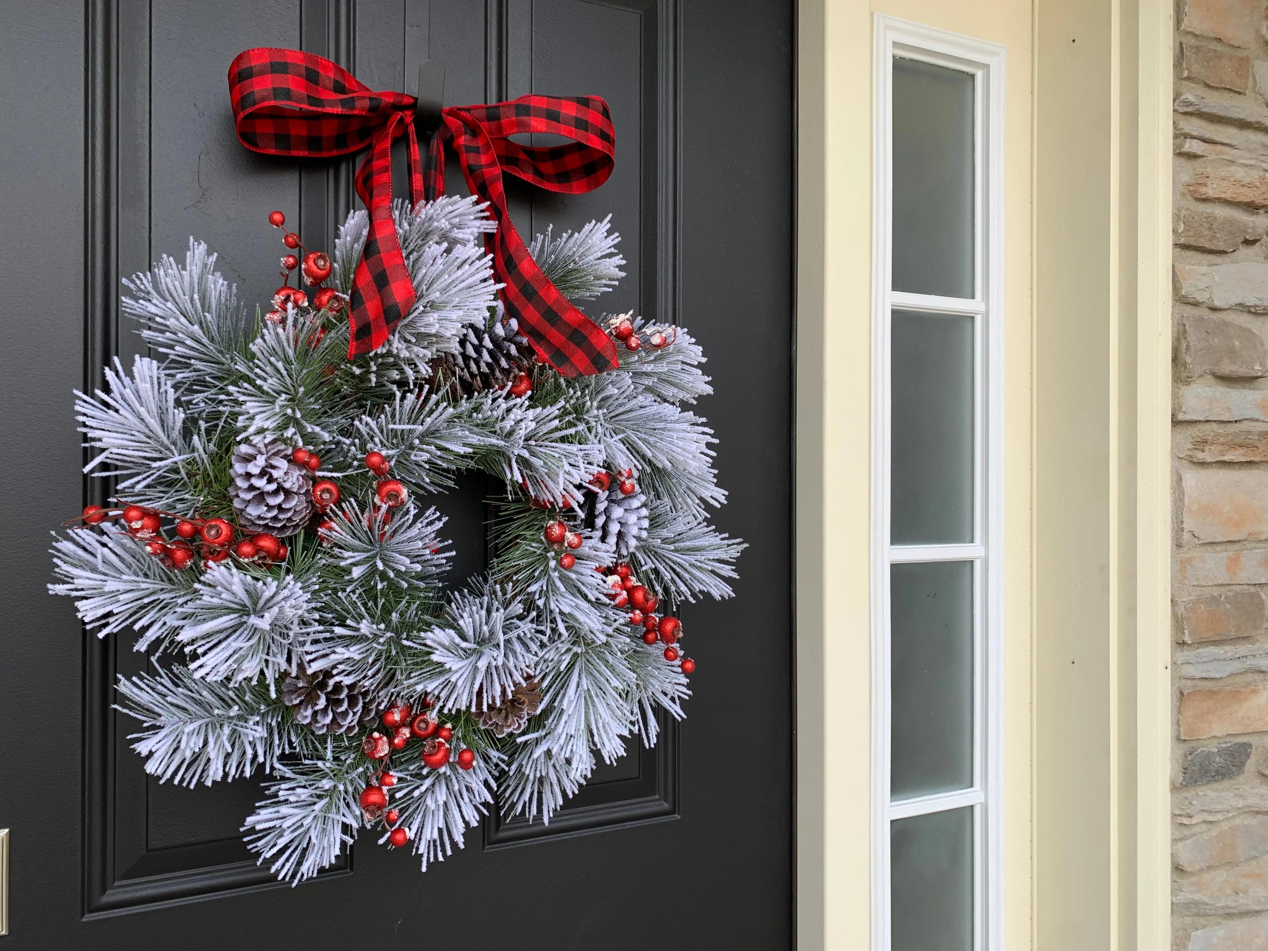 Flocked Winter Pine Wreath with Red Berries