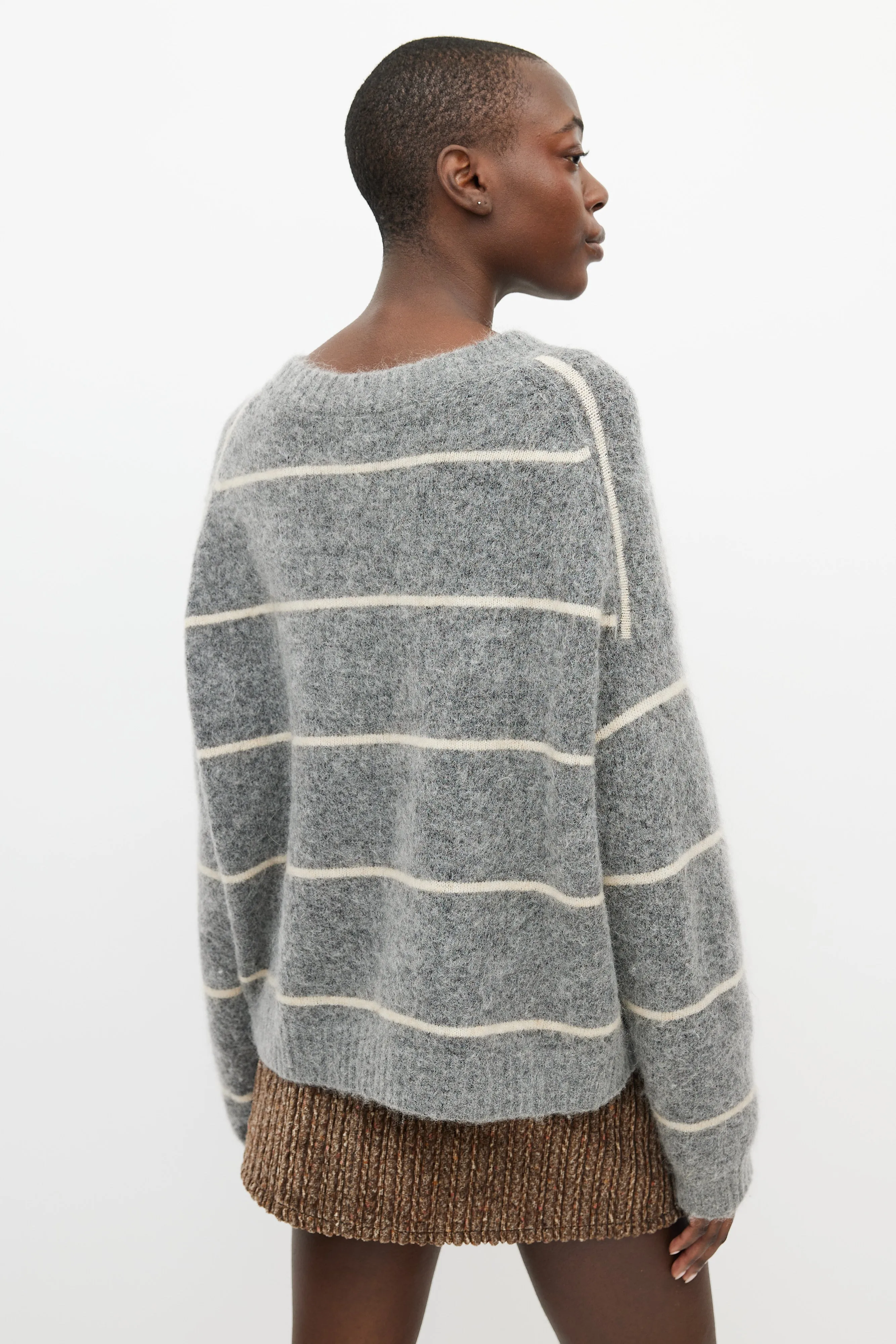 Grey & Cream Wool Knit Striped Sweater