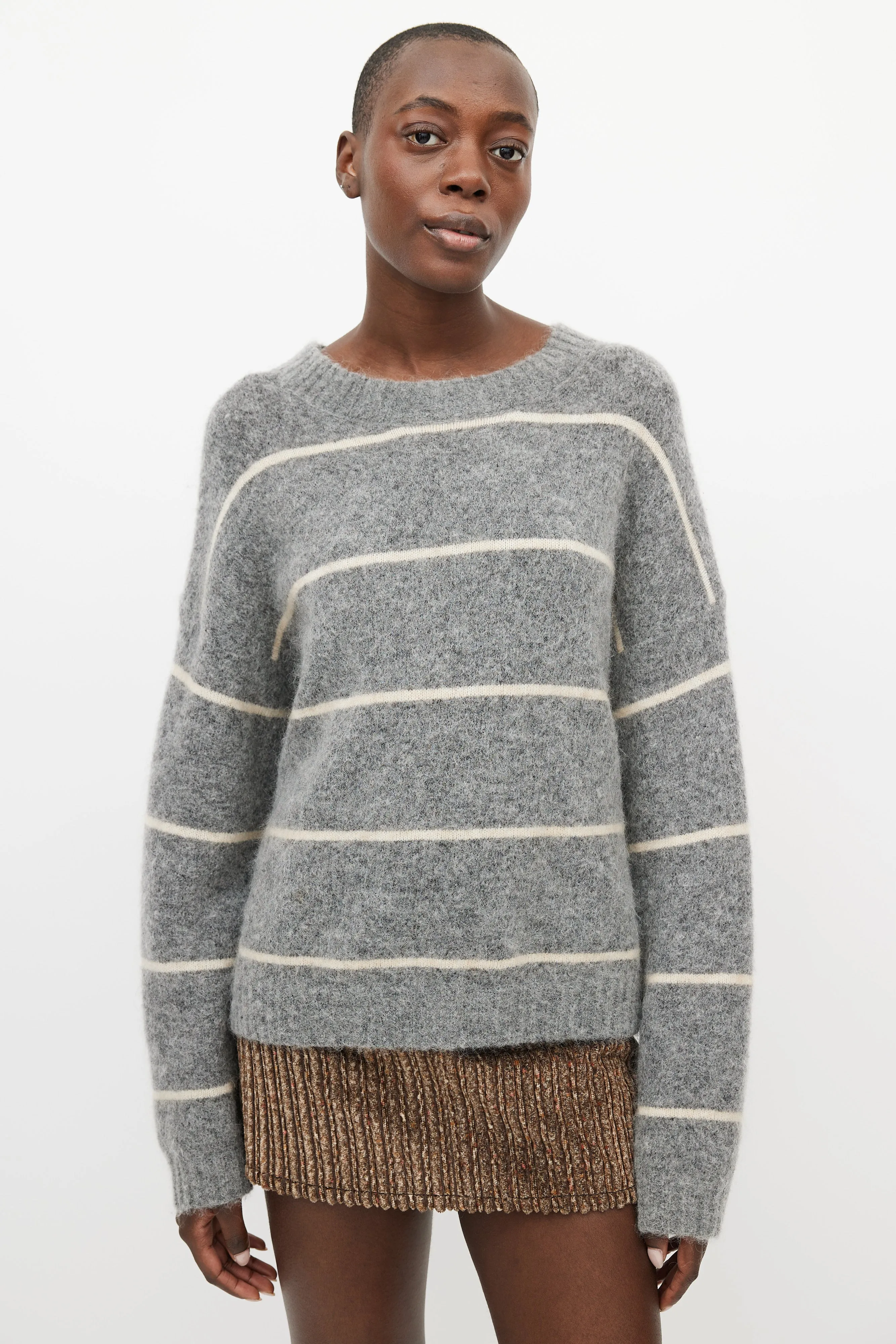 Grey & Cream Wool Knit Striped Sweater