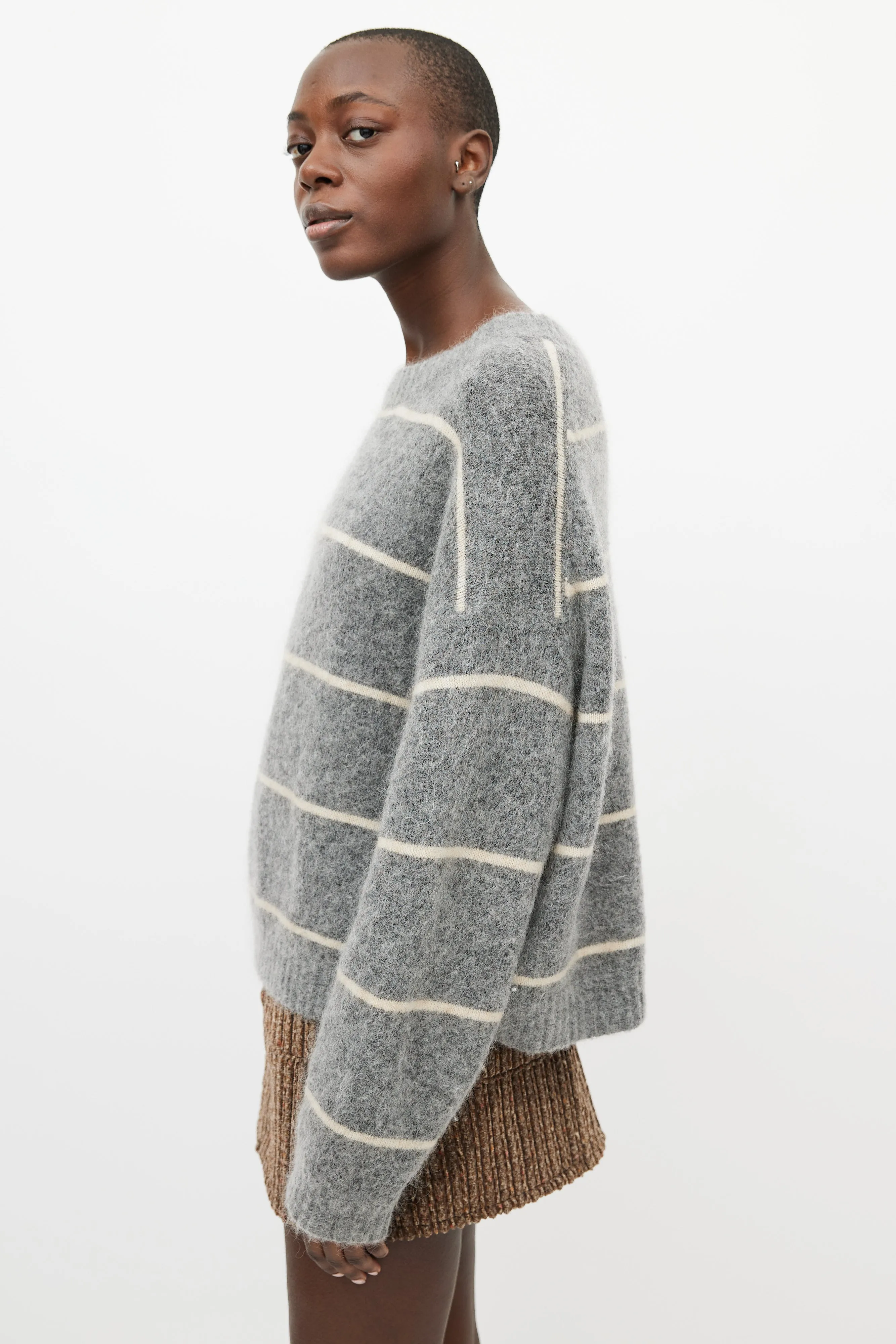 Grey & Cream Wool Knit Striped Sweater