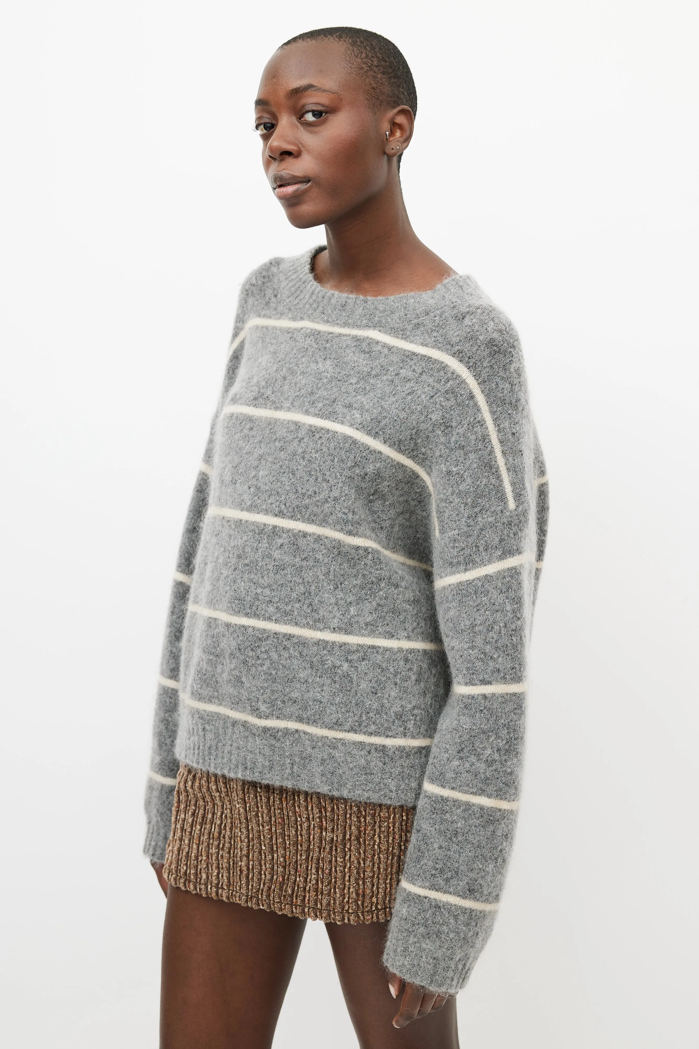 Grey & Cream Wool Knit Striped Sweater