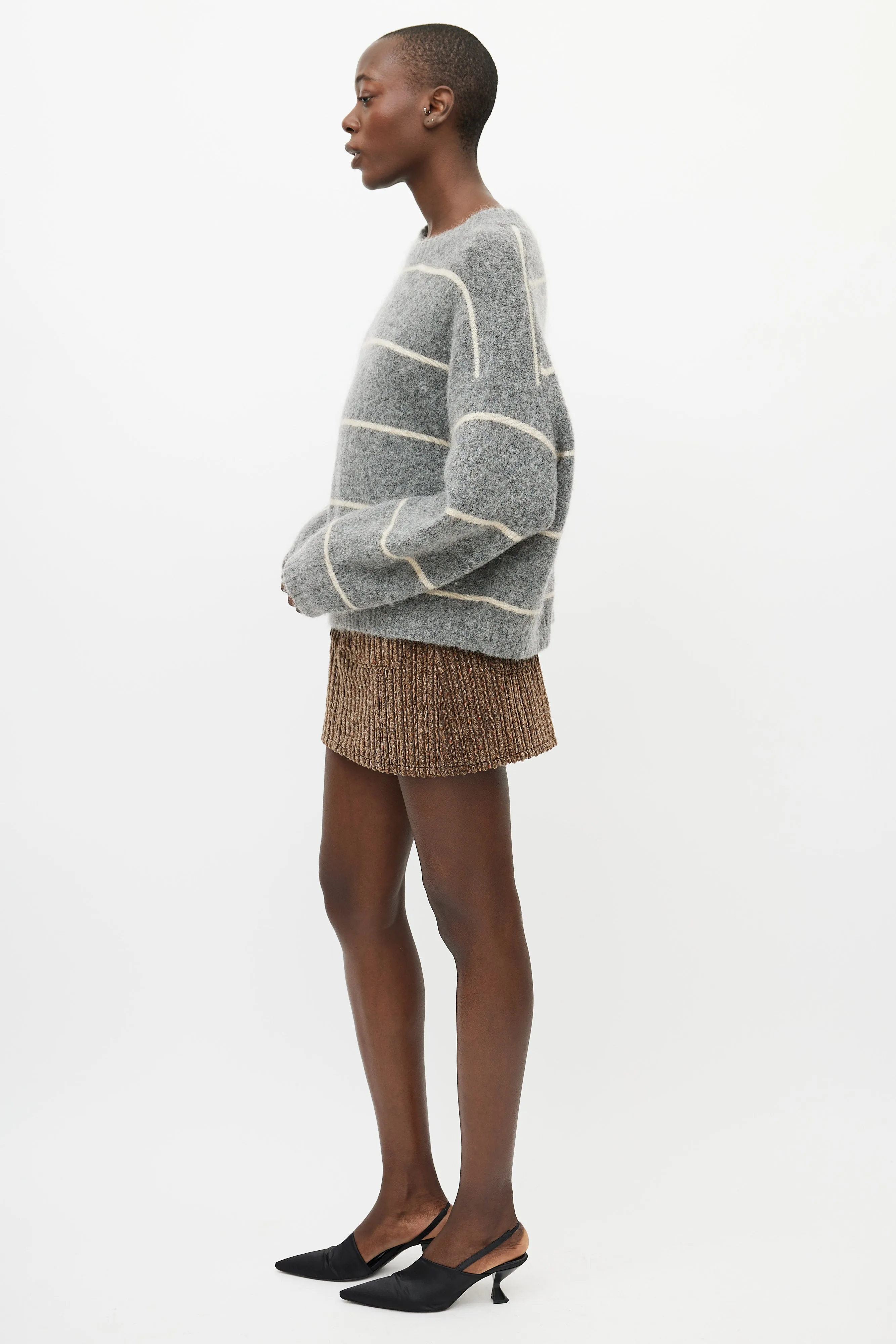 Grey & Cream Wool Knit Striped Sweater