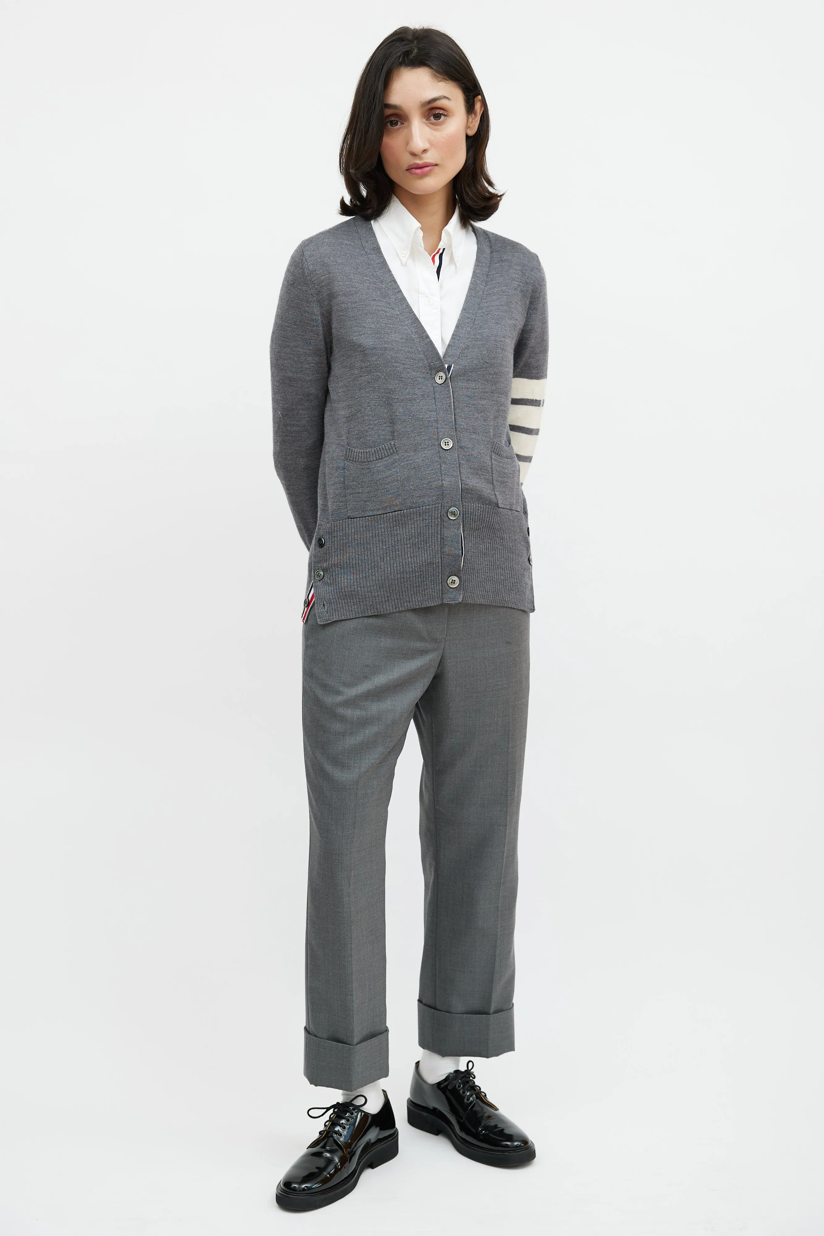 Grey & Cream Wool Striped Cardigan