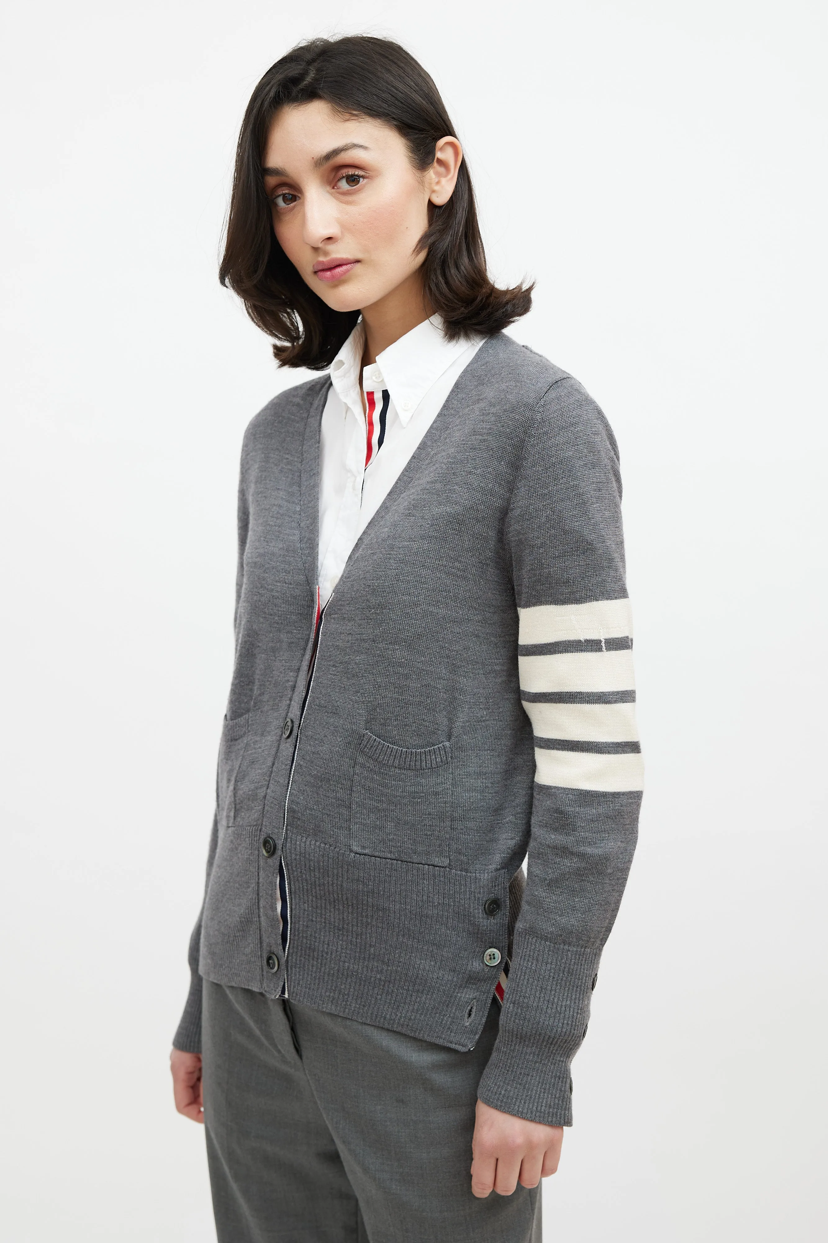 Grey & Cream Wool Striped Cardigan