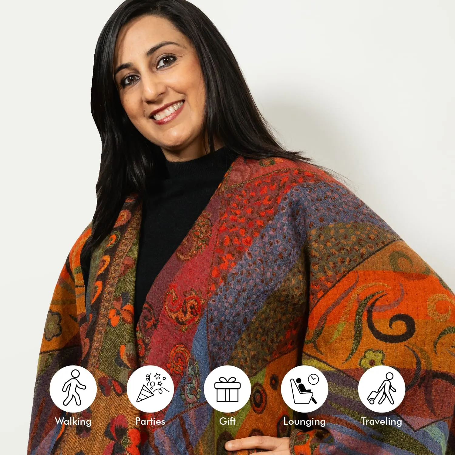 In Style 100% Australian Superfine Merino Wool Handmade Reversible Open Front Cape Ruana With Pockets