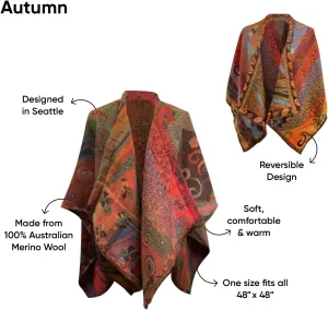In Style 100% Australian Superfine Merino Wool Handmade Reversible Open Front Cape Ruana With Pockets