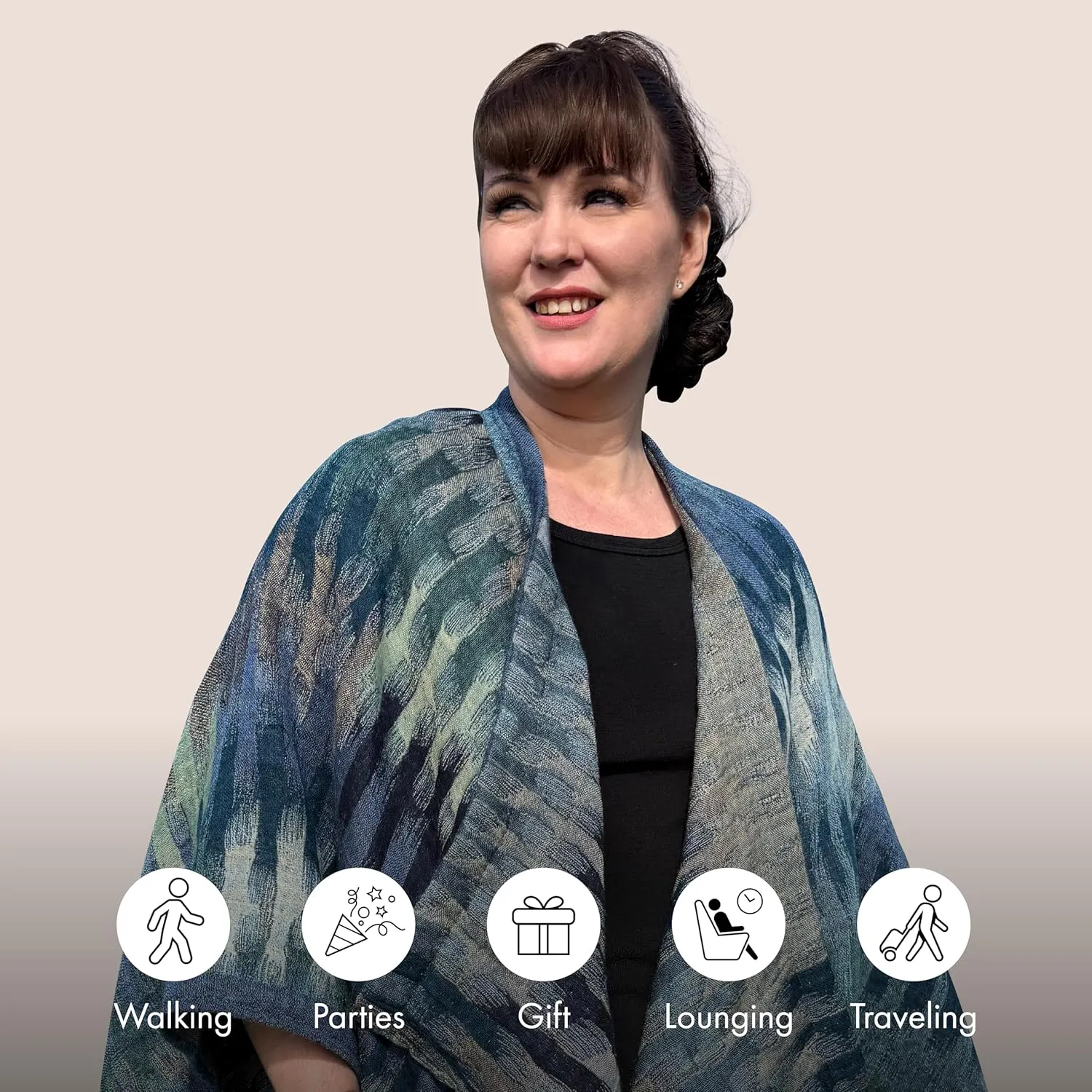In Style 100% Australian Superfine Merino Wool Handmade Reversible Open Front Cape Ruana With Pockets