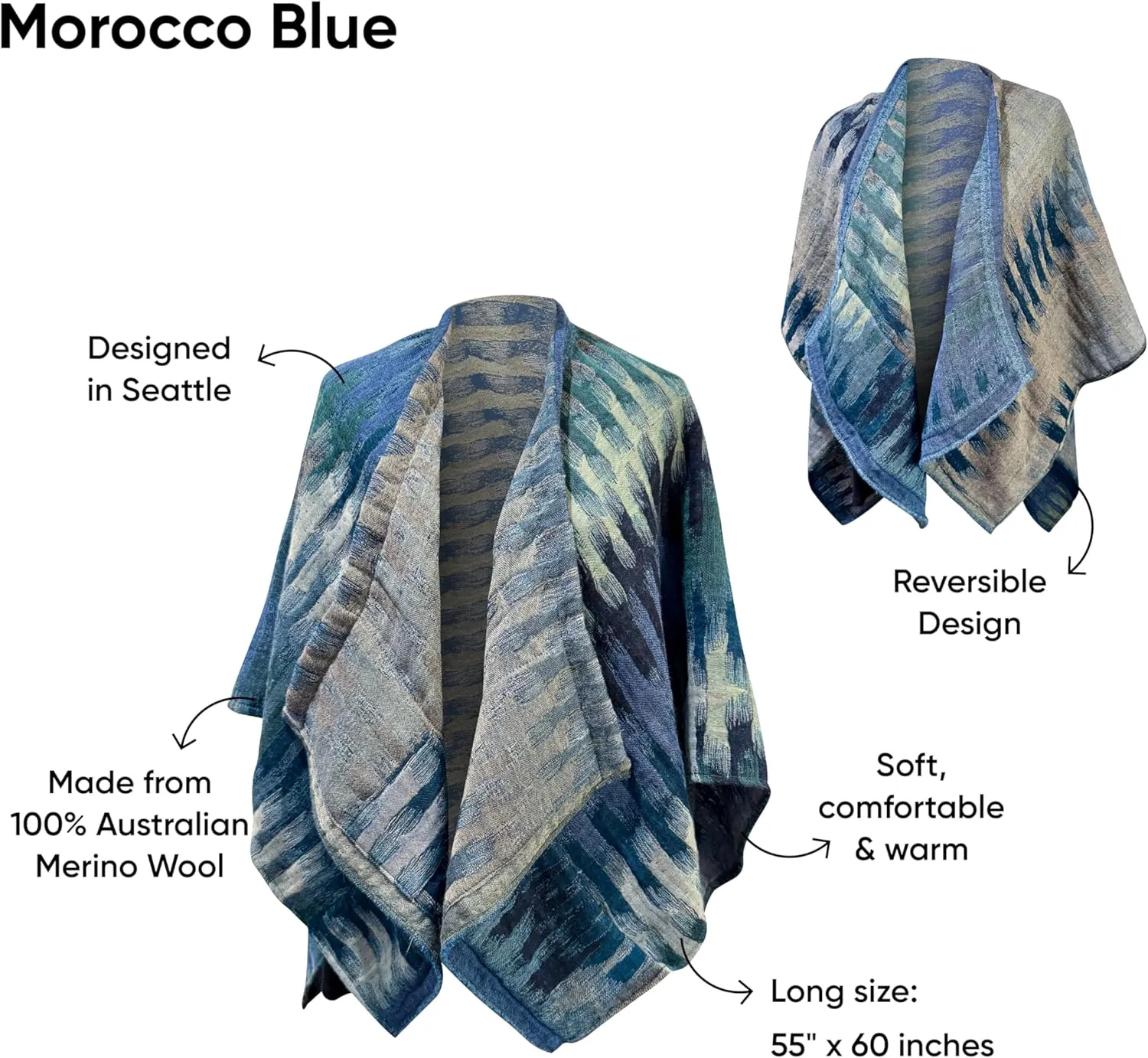 In Style 100% Australian Superfine Merino Wool Handmade Reversible Open Front Cape Ruana With Pockets