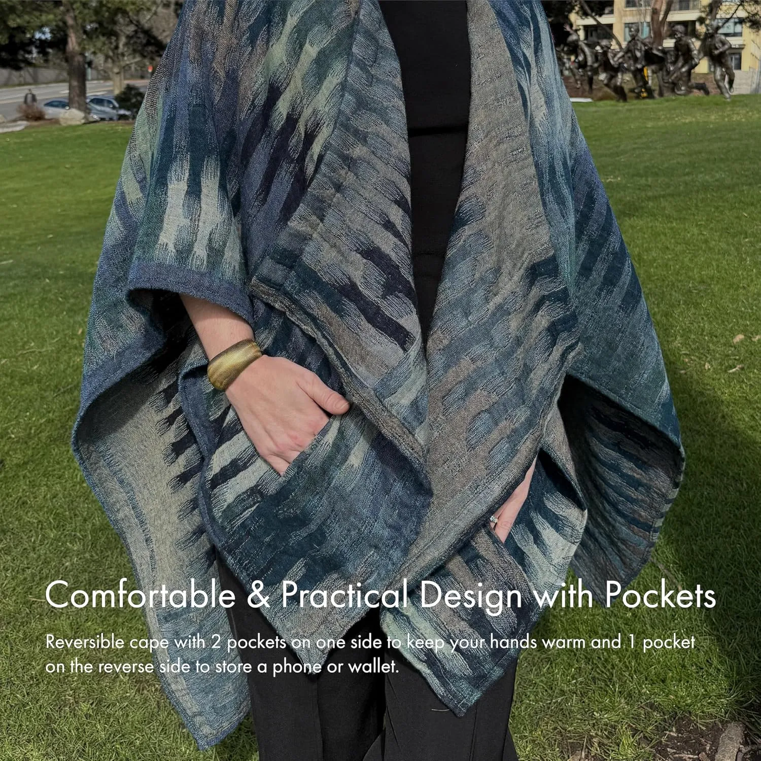 In Style 100% Australian Superfine Merino Wool Handmade Reversible Open Front Cape Ruana With Pockets