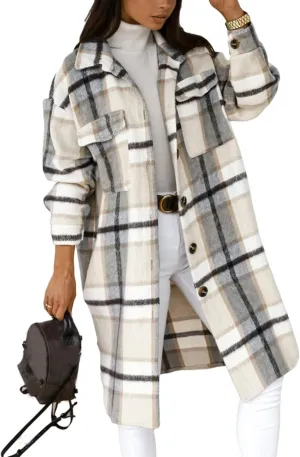 InterNos Women's Plaid Shacket Brushed Flannel Shirt Jacket Vintage Long Wool Blend Tartan Coat