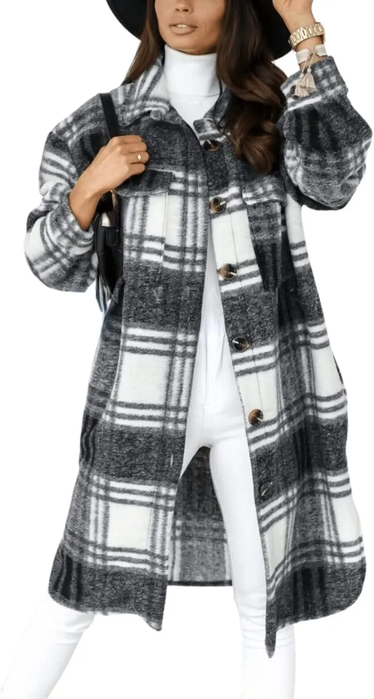 InterNos Women's Plaid Shacket Brushed Flannel Shirt Jacket Vintage Long Wool Blend Tartan Coat