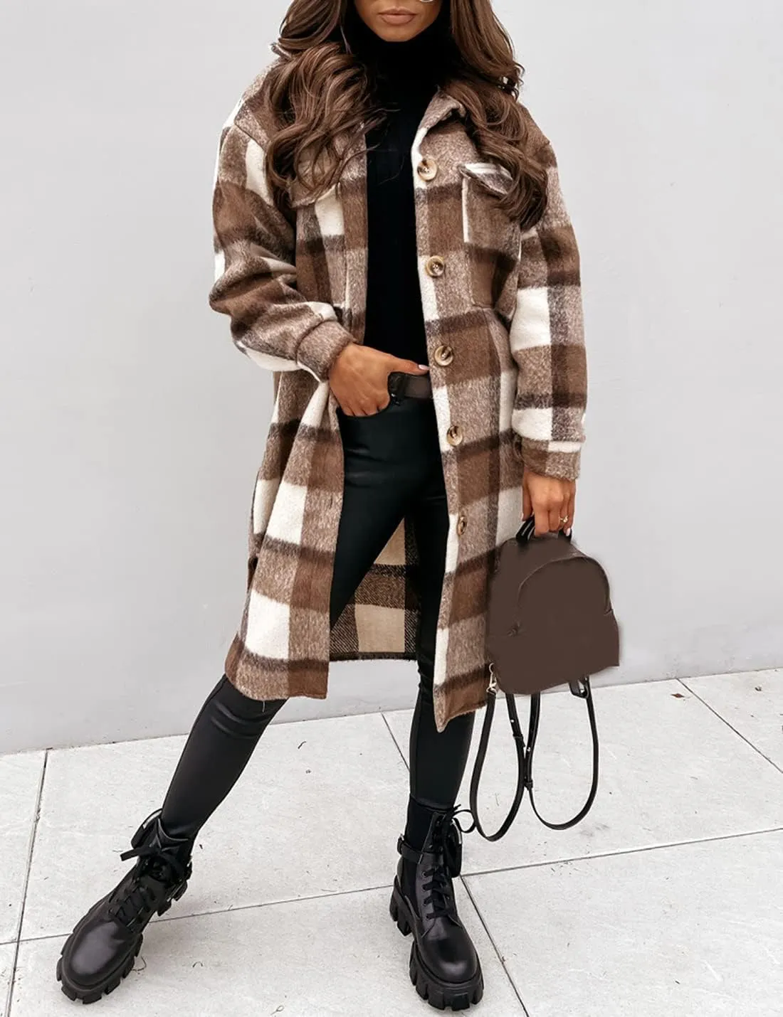 InterNos Women's Plaid Shacket Brushed Flannel Shirt Jacket Vintage Long Wool Blend Tartan Coat
