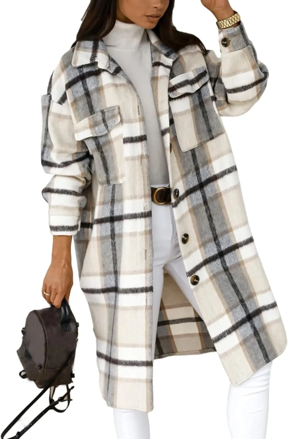 InterNos Women's Plaid Shacket Brushed Flannel Shirt Jacket Vintage Long Wool Blend Tartan Coat