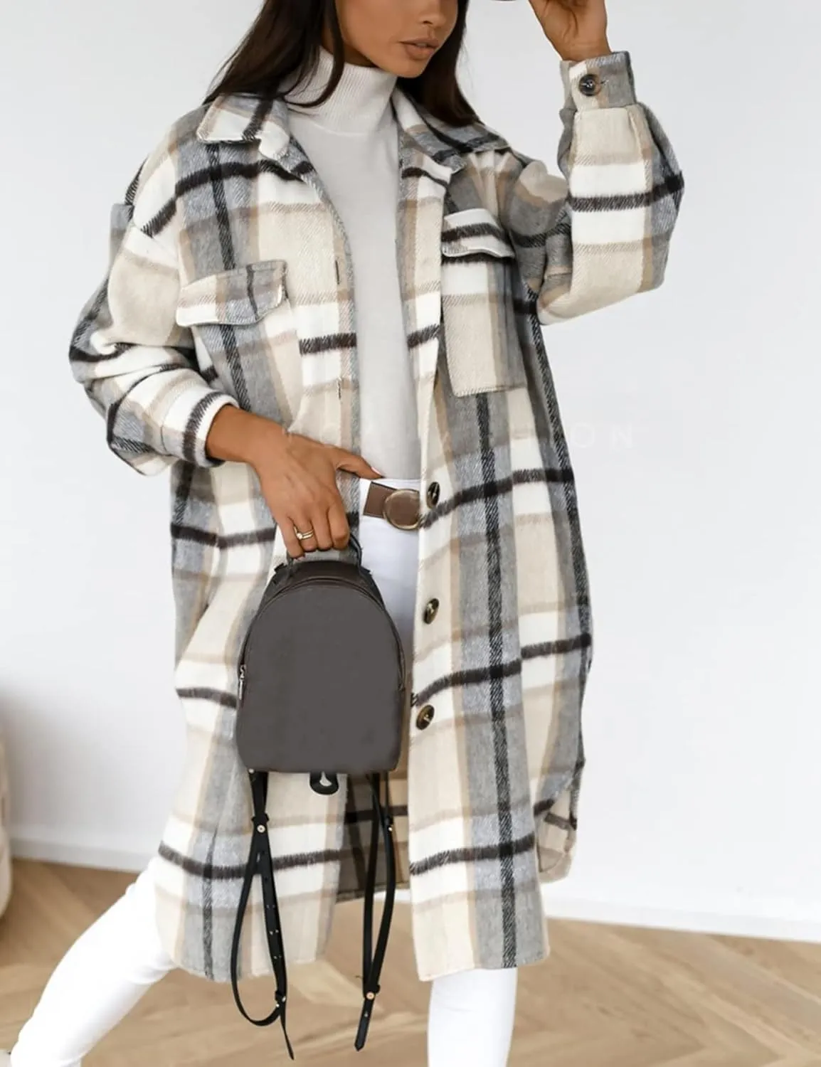 InterNos Women's Plaid Shacket Brushed Flannel Shirt Jacket Vintage Long Wool Blend Tartan Coat