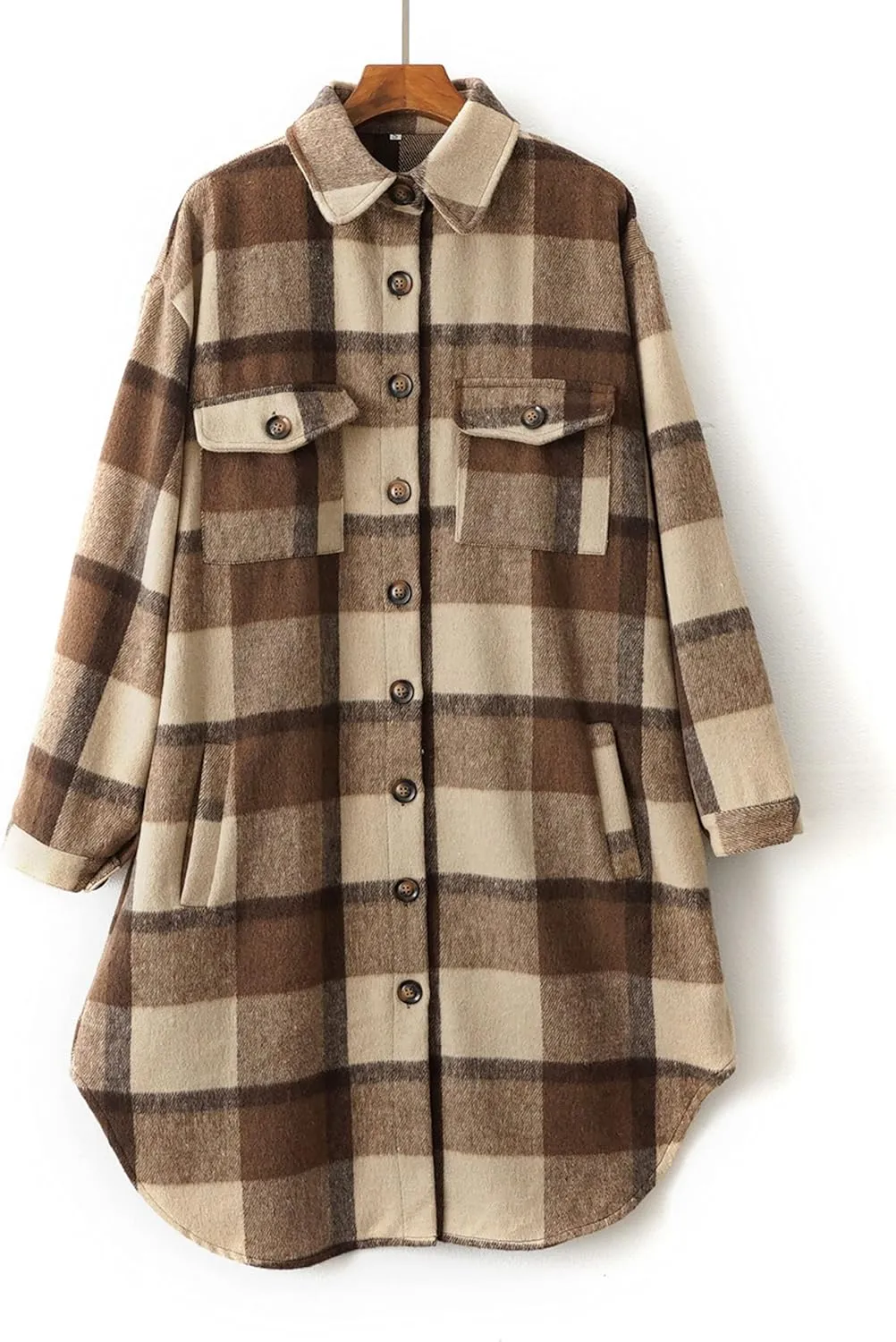 InterNos Women's Plaid Shacket Brushed Flannel Shirt Jacket Vintage Long Wool Blend Tartan Coat