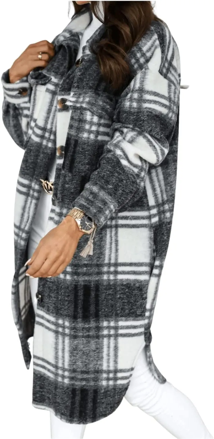 InterNos Women's Plaid Shacket Brushed Flannel Shirt Jacket Vintage Long Wool Blend Tartan Coat
