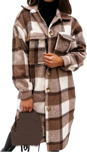 InterNos Women's Plaid Shacket Brushed Flannel Shirt Jacket Vintage Long Wool Blend Tartan Coat