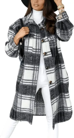 InterNos Women's Plaid Shacket Brushed Flannel Shirt Jacket Vintage Long Wool Blend Tartan Coat