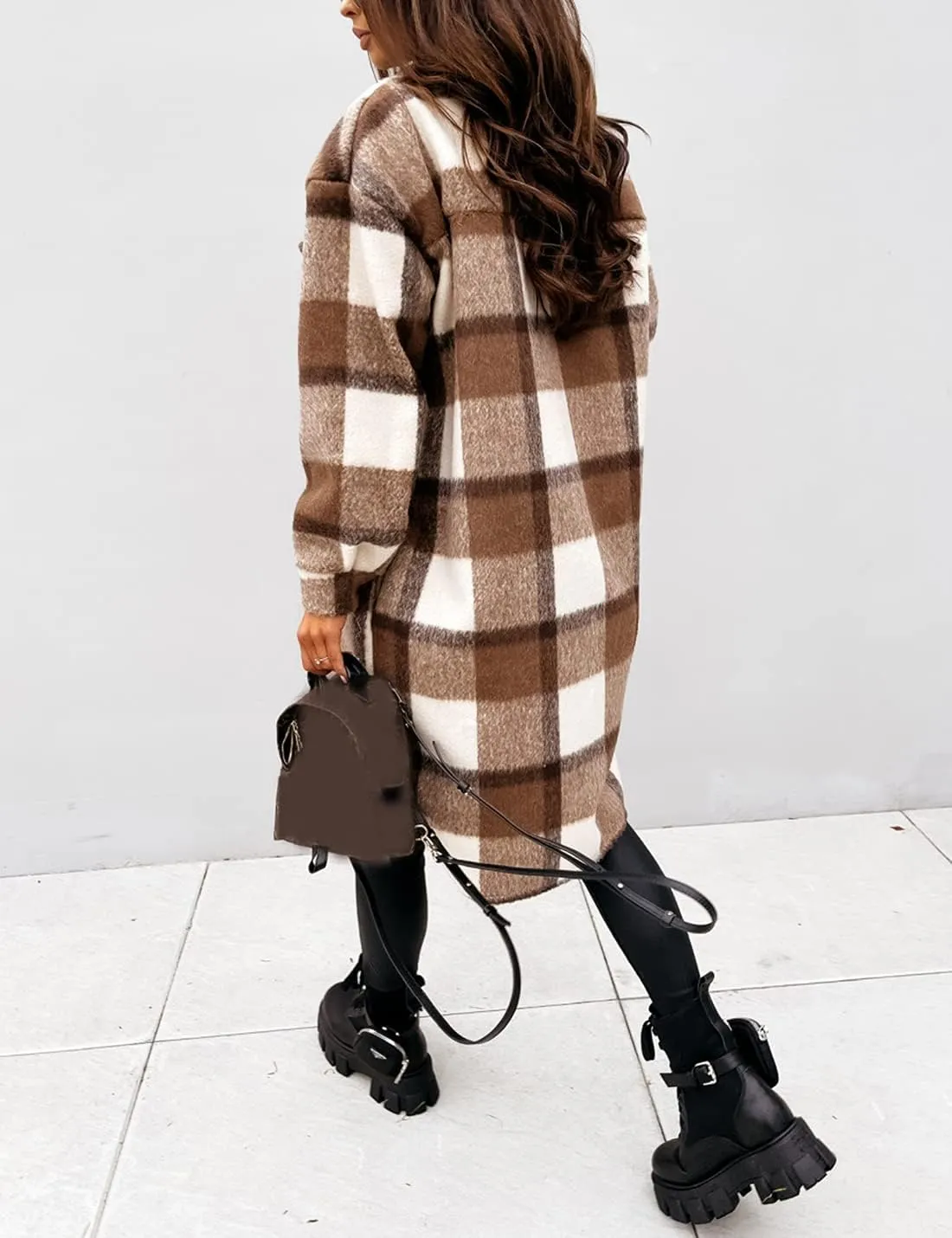 InterNos Women's Plaid Shacket Brushed Flannel Shirt Jacket Vintage Long Wool Blend Tartan Coat