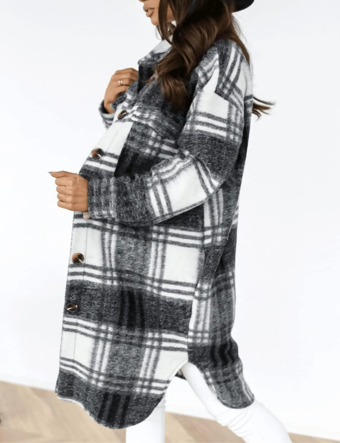 InterNos Women's Plaid Shacket Brushed Flannel Shirt Jacket Vintage Long Wool Blend Tartan Coat