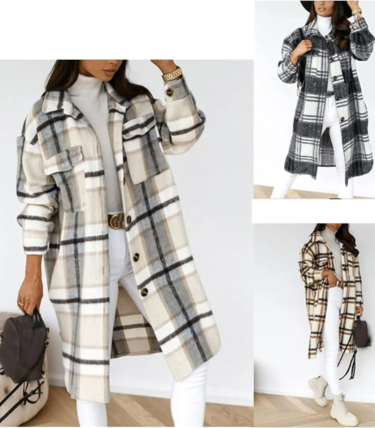 InterNos Women's Plaid Shacket Brushed Flannel Shirt Jacket Vintage Long Wool Blend Tartan Coat