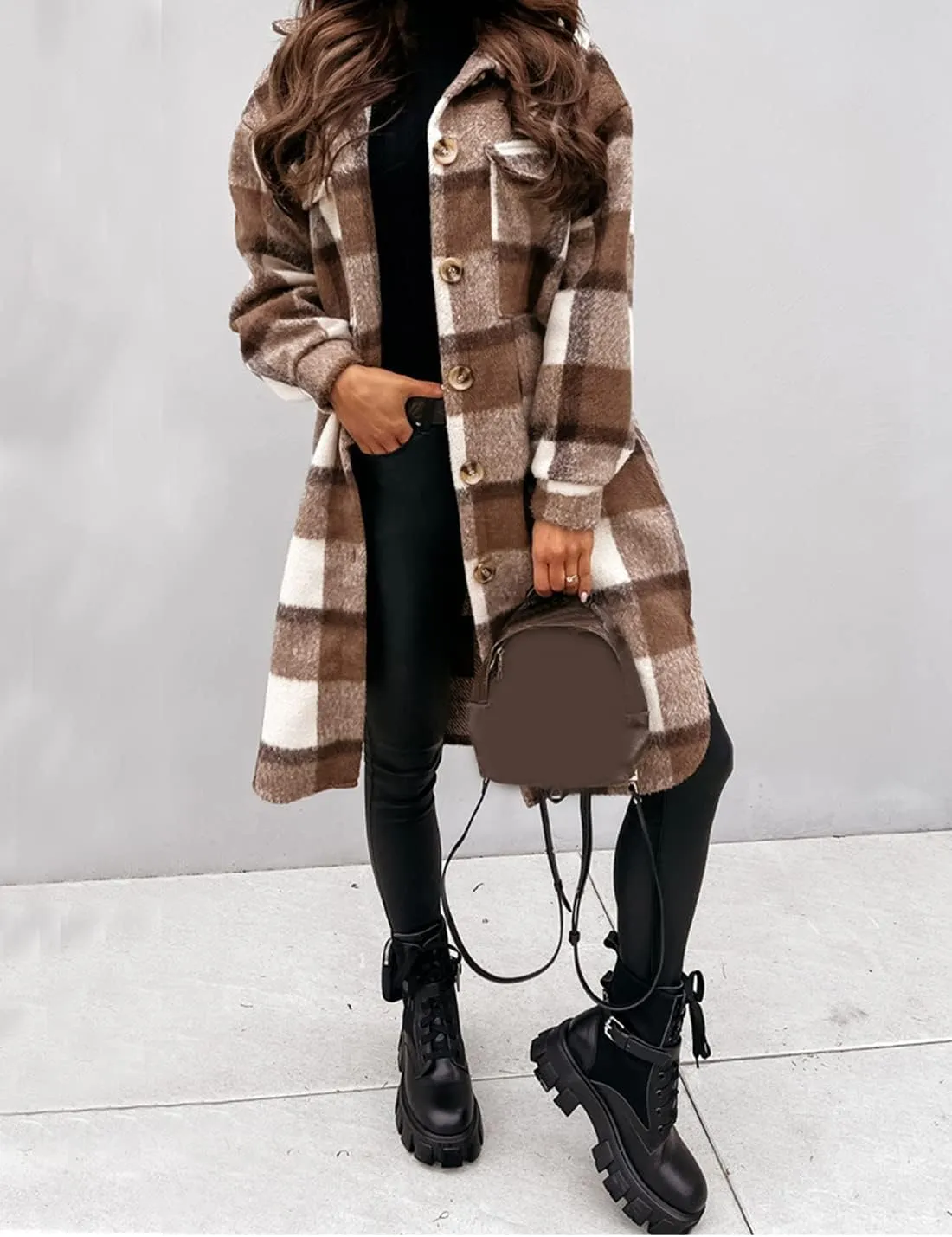 InterNos Women's Plaid Shacket Brushed Flannel Shirt Jacket Vintage Long Wool Blend Tartan Coat