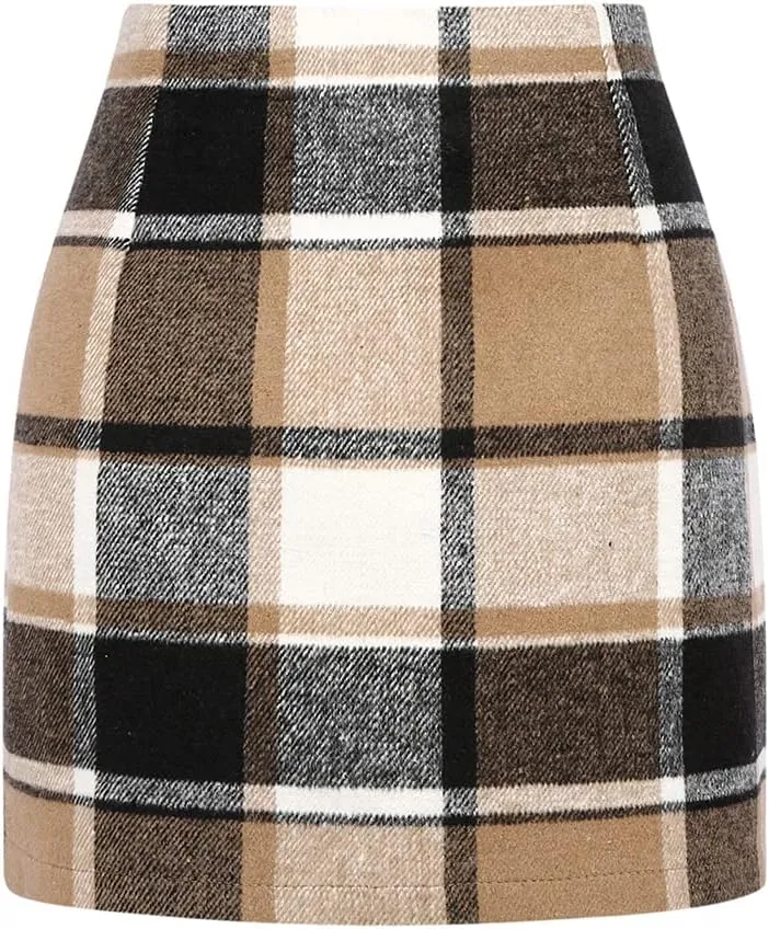 Kinghua Womens Wool Plaid Mini Skirt Fall Winter High Waisted Bodycon Pencil Skirt
