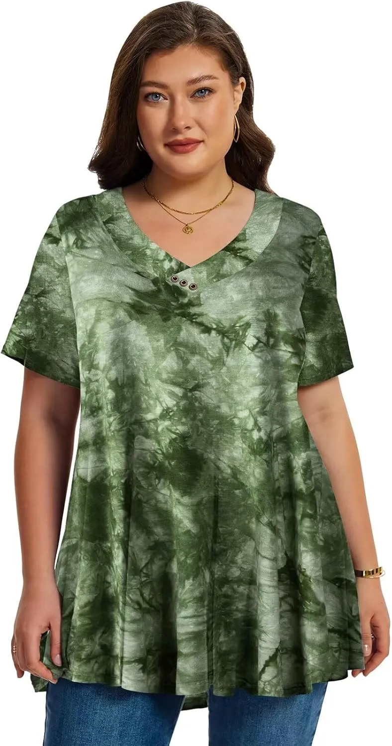LARACE Plus Size Tops for Womens T Shirts Button Down Summer Clothes Short Sleeve Tunics Casual V Neck Blouses